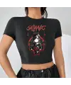 Gothic Satanic Girl Baskılı Siyah Crop
