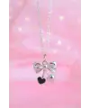 Gümüş Renk Zincirli Siyah Taşlı Kalp Fiyonk İtalyan Kolye