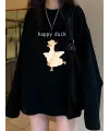 Happy Duck Siyah Unisex Oversize Bisiklet Yaka Sweatshirt