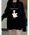 Happy Duck Siyah Unisex Oversize Bisiklet Yaka Sweatshirt