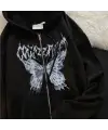 Harajuku Butterfly Kelebek Baskılı Oversize Fermuarlı Siyah Unisex Kapüşonlu Hırka