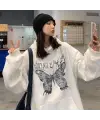 Harajuku Butterfly Oversize Unisex Beyaz Kapşonlu Hoodie Sweatshirt