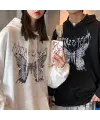 Harajuku Butterfly Oversize Unisex Beyaz Kapşonlu Hoodie Sweatshirt