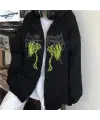 Harajuku Gothic Retro Butterfly Baskılı Oversize Fermuarlı Siyah Unisex Kapüşonlu Hırka