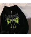 Harajuku Gothic Retro Butterfly Baskılı Oversize Fermuarlı Siyah Unisex Kapüşonlu Hırka