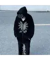 Heart Spider Web Baskılı Oversize Fermuarlı Siyah Unisex Kapüşonlu Hırka