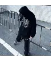 Heart Spider Web Baskılı Oversize Fermuarlı Siyah Unisex Kapüşonlu Hırka