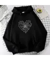 Heart Web Baskılı Siyah Unisex Oversize Kapüşonlu Sweatshirt