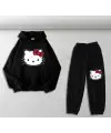 Hello Kitty Head Baskılı Siyah Oversize Kapüşonlu Sweatshirt & Eşofman Altı Unisex İkili Takım