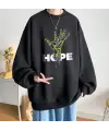Hope Hand Baskılı Siyah Unisex Oversize Bisiklet Yaka Sweatshirt