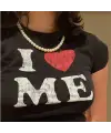 I Love Me Baskılı Siyah Crop