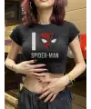 I Love Spider-Man Baskılı Siyah Crop