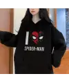 I Love Spider-Man Baskılı Siyah Unisex Oversize Kapüşonlu Sweatshirt