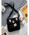 Kawaii Cep Detaylı Unisex Kanvas Siyah Omuz Çantası