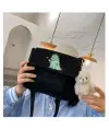 Kawaii Dinosaur Heart Baskılı Cep Detaylı Unisex Kanvas Siyah Omuz Çantası
