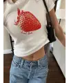 Kemer Boy Strawberry Baskılı Crop Bluz