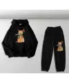 Killer Cat Baskılı Siyah Oversize Kapüşonlu Sweatshirt & Eşofman Altı Unisex İkili Takım