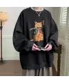 Killer Cat Baskılı Siyah Unisex Oversize Bisiklet Yaka Sweatshirt