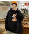 Killer Cat Baskılı Siyah Unisex Oversize Kapüşonlu Sweatshirt