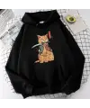 Killer Cat Baskılı Siyah Unisex Oversize Kapüşonlu Sweatshirt