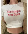 Kiss Cowboys & Drink Tequila Baskılı Crop Top Bluz Body