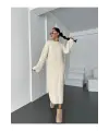 Krem Bisiklet Yaka Örgü Desen Uzun Triko Elbise
