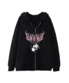 Kuromi Pink Baskılı Oversize Fermuarlı Siyah Unisex Kapüşonlu Hırka