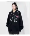 Love Cat Baskılı Oversize Fermuarlı Siyah Unisex Kapüşonlu Hırka