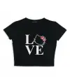 Love Cat Baskılı Siyah Crop