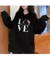 Love Cat Baskılı Siyah Unisex Oversize Kapüşonlu Sweatshirt