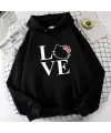 Love Cat Baskılı Siyah Unisex Oversize Kapüşonlu Sweatshirt