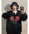 Love Skulls Baskılı Oversize Fermuarlı Siyah Unisex Kapüşonlu Hırka