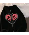Love Skulls Baskılı Oversize Fermuarlı Siyah Unisex Kapüşonlu Hırka