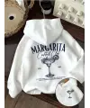 Margarita Baskılı Beyaz Kapşonlu Sweatshirt  Hoodie