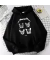 Meowtallica Baskılı Siyah Unisex Oversize Kapüşonlu Sweatshirt
