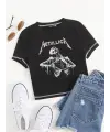 Metallica Skeleton Baskılı Ters Dikiş Siyah Crop
