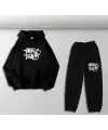 Minus Two Baskılı Siyah Oversize Kapüşonlu Sweatshirt & Eşofman Altı Unisex İkili Takım