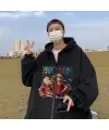 One Piece Fist Baskılı Oversize Fermuarlı Siyah Unisex Kapüşonlu Hırka