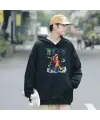 One Piece On The Clouds Baskılı Siyah Unisex Oversize Kapüşonlu Sweatshirt