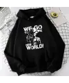 One Piece We Go Baskılı Siyah Unisex Oversize Kapüşonlu Sweatshirt