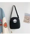 Panda Face Baskılı Fermuarlı Unisex Kanvas Siyah Omuz Çantası
