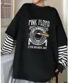 Pink Floyd Baskılı Fake Sleeves Unisex Siyah T-Shirt