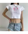 Pretty Cat & Heart Baskılı Beyaz Crop