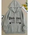 Punk Libes Baskılı Oversize Fermuarlı Gri Unisex Kapüşonlu Hırka