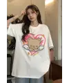 Retro Cute Bear Baskılı Beyaz Unisex Oversize T-Shirt