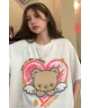 Retro Cute Bear Baskılı Beyaz Unisex Oversize T-Shirt