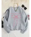 Ribbon Baskılı Gri Unisex Oversize Bisiklet Yaka Sweatshirt