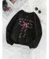 Ribbon Baskılı Siyah Unisex Oversize Bisiklet Yaka Sweatshirt