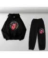 Rolling Stones Baskılı Siyah Oversize Kapüşonlu Sweatshirt & Eşofman Altı Unisex İkili Takım