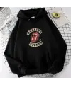 Rolling Stones Baskılı Siyah Unisex Oversize Kapüşonlu Sweatshirt